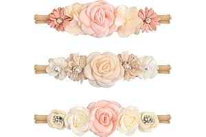 FANGEHONG 3 Pcs Baby Haarband Mädchen 0-3 Jahre, Stretchy Nylon Baby Stirnband mit Blumen Spitze Perle, Stirnbänder Neugeboren Weich Niedlich Floral Haarbänder Dünne, Haarreif für Kleinkind Party Fotografie (C)