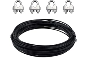 Mitening 10M Cuerda de Alambre de Acero Inoxidable, Cuerda de Acero de 3 mm con 4 Piezas, Abrazadera de Cable de Alambre M3, Tendedero de Cable de Acero Revestido de Plástico para Colgar Ropa (Negro)