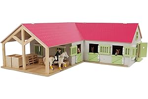 Kids Globe Farming Riding Farm Pink Farm Horse Stable Wooden 1:24 with 3 Boxes Toy Horse Farm with Practical Folding Roof, for All Standard Animal Figures 610210