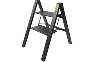 Step Ladder, RIKADE Folding Step Stool with Wide Anti-Slip Pedal, Aluminum Portable Lightweight Ladder for Home, Kitchen and Office Use, 330lb Capacity (Black, 2-steps)
