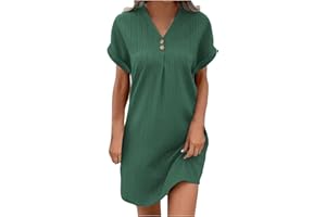 KQIVAM Robe Lin Coton Femme Ete Chic Elegant Tunique Robe Manches Courtes Ample Casuel Couleur Unie Robes avec Boutons Col V Robes De Plage Pas Cher Grandes Tailles Dress pour FêTe Vacances