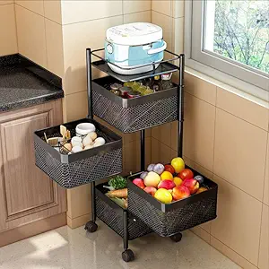 TEX-RO Kitchen Trolley Portable Cutlery Holder For Kitchen Storage Rack Square Design Fruits & Vegetable Onion Cutlery, Spice,Jars Container Kitchen Trolley With Wheels for Modular Kitchen (Black,Layer 3)
