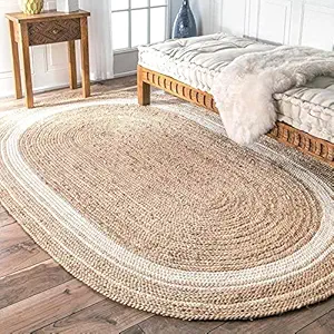 FLOURISHING HOMES Jute & Black Cotton Oval Carpet/Rug/Mat for Bedroom Living Room Dining Room (Jute White Oval, 3x5 FEET)