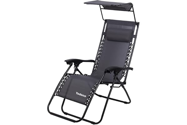 Todeco Chaise Longue Transat Jardin Plein Air, Transat de Plage Pliable avec Pare Soleil, Bain de Soleil avec Repose-tête, d’accoudoirs Réglables, Camping en Respirantes Textilène, Gris