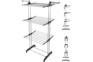 Rainberg Airer Clothes Drying Rack, Extra Large 4-Tier Capacity Foldable Clothes Drying Rack with Wheels, Adjustable Large Stainless Steel Garment Laundry Racks for Indoor Outdoor with Foldable Wings