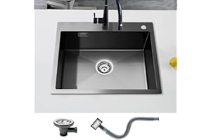 KEOKBON Spülbecken Küche Edelstahl Schwarz Anthrazit 60 x 50cm, Rechteckig Küchenspüle für 60cm breite Unterschränke, Waschbecken Küche, Einbauspüle 1 Becken mit Siebkorb, 2 Loch, Kitchen Sink