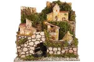 Holyhome Paisaje para Belén iluminado 24 x 21 x 24 cm (9,44 x 8,26 x 9,44 Inch) fabricado y pintado a mano, fabricado en Italia