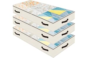 Amonsen 3 Pack Soft Underbed Storage Bags for King/Queen Bedding Heavy Duty Fabric with See Through Lid and 4 Handles, Beige