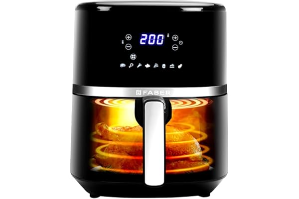 Faber 6L 1500W Digital Air Fryer Fry, Bake, Roast, Toast, Defrost, Grill & Reheat 85% Less Oil, 360° Air Cooking 8-Preset Menu, LED Display & Touch Control, Non-Stick Pan, View Window (Black)