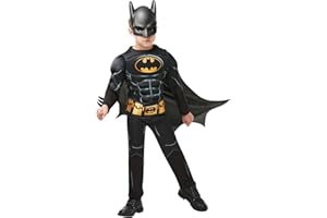Rubies Official Batman Black Deluxe Costume for Kids – Muscle Chest Jumpsuit with Mask & Cape for Role-Play