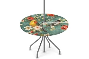 KNEMI Outdoor Round Tablecloth with Umbrella Hole, Birds Flowers Patio Table Cover Fitted Tablecloth Waterproof Umbrella Table Cover for Party Picnic,Fit for 36"-44" Round Tables