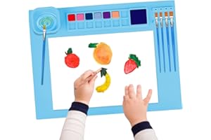 YARVPUV Tapis de Peinture en Silicone pour Enfants 51x41cm Tapis Peinture Silicone avec Compartiments de Peinture, Gobelet Facile à Nettoyer - Idéal pour Arts Créatifs, Peinture et Loisirs (Bleu)