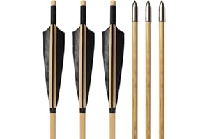 e5e10 Archery Wooden Arrows Black 3 Fletched Turkeys Feather Wood Shaft with Steel Tips Archery Target Arrow for Recurve Bow Longbow, 6Pcs