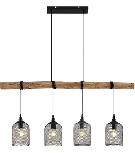 Lindby Suspension Enrique, Amber, 4 Lampes, Verre, Bois, E27