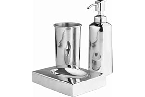 OurHouse Three Piece Bathroom Caddy Set, Accessories Toothbrush Holder, Easy-fill Handwash Lotion Soap Dispenser & Soap Dish, Stylish Colours, Easy Clean, Modern & Clean Suits Any Bathroom (Chrome)