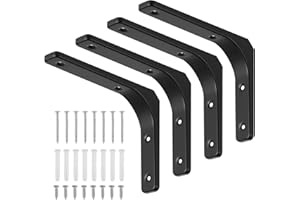 Faankiton 4 Pièces Équerre Étagère de Fixation Noir, Supports D'étagère Murale, Équerre Murale en Forme de L avec Vis et Ancrages Assortis, Capacité de Charge Maximale de 70kg (150 x 200 mm)