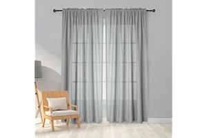 Melodieux 2-panelowe zasłony siatkowe ze sztucznego lnu, półprzezroczyste zasłony z kieszenią na pręt, do sypialni, salonu, na okno, szare, 140 x 137 cm