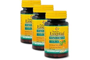 Nature Essential | Ginseng Rojo 500 mg | Estimula y Revitaliza Todo Tipo de Pieles | Mejora la Elasticidad de la Piel | Retrasa el Envejecimiento del Cutis | 50 Cápsulas | Pack 3 unidades