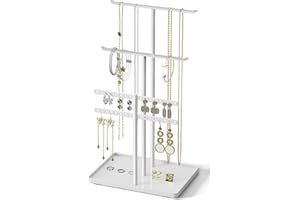 pickpiff Jewelry Stand Organizer, 32cm Tall Sturdy Metal, 3-Tier Jewelry Holder for Necklace, Earring, Bracelet, Ring, Hanger for Display and Storage, Aesthetic Room Decor, White