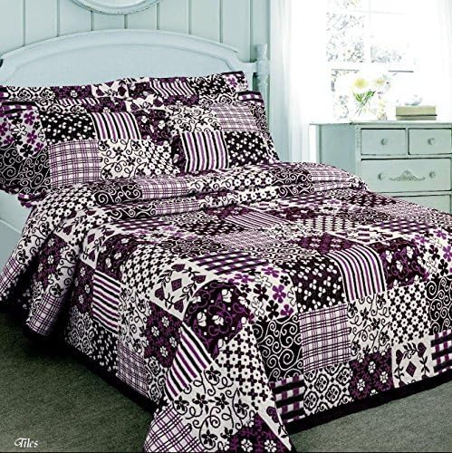 Tiles Patchwork Single, Double, King, Pillowsham Bedspread 360 GSM 30% Cotton 30% Polyester 40% Polypropylene Machine Washable Blue, Burgundy (Burgundy, Double 240x260 cm Approx.)
