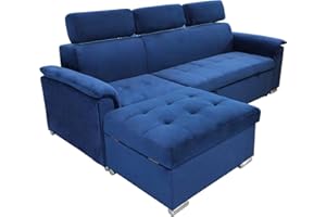 MILANI HOME S.R.L.S. Milani Home - Divano Letto Peter - Blu - Con penisola Contenitore - Ergonomico con poggiatesta - Regolabile e Supporto Lombare - 148x88x87