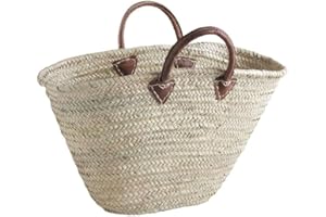 SHOP-STORY Cesto da spiaggia artigianale in foglie di palma naturale, tote multiuso intrecciato a mano con manici in vera pelle, stile casual chic ideale per la stagione estiva