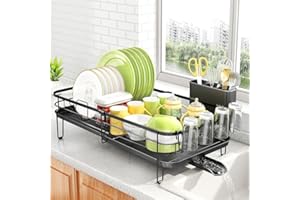 SAYZH Escurridor De Platos, Escurridor De Platos Extensible (32,5 cm-54,6 cm) con Soporte para Utensilios, Portavasos, Estante De Secado De Platos para Mostrador De Cocina, Negro