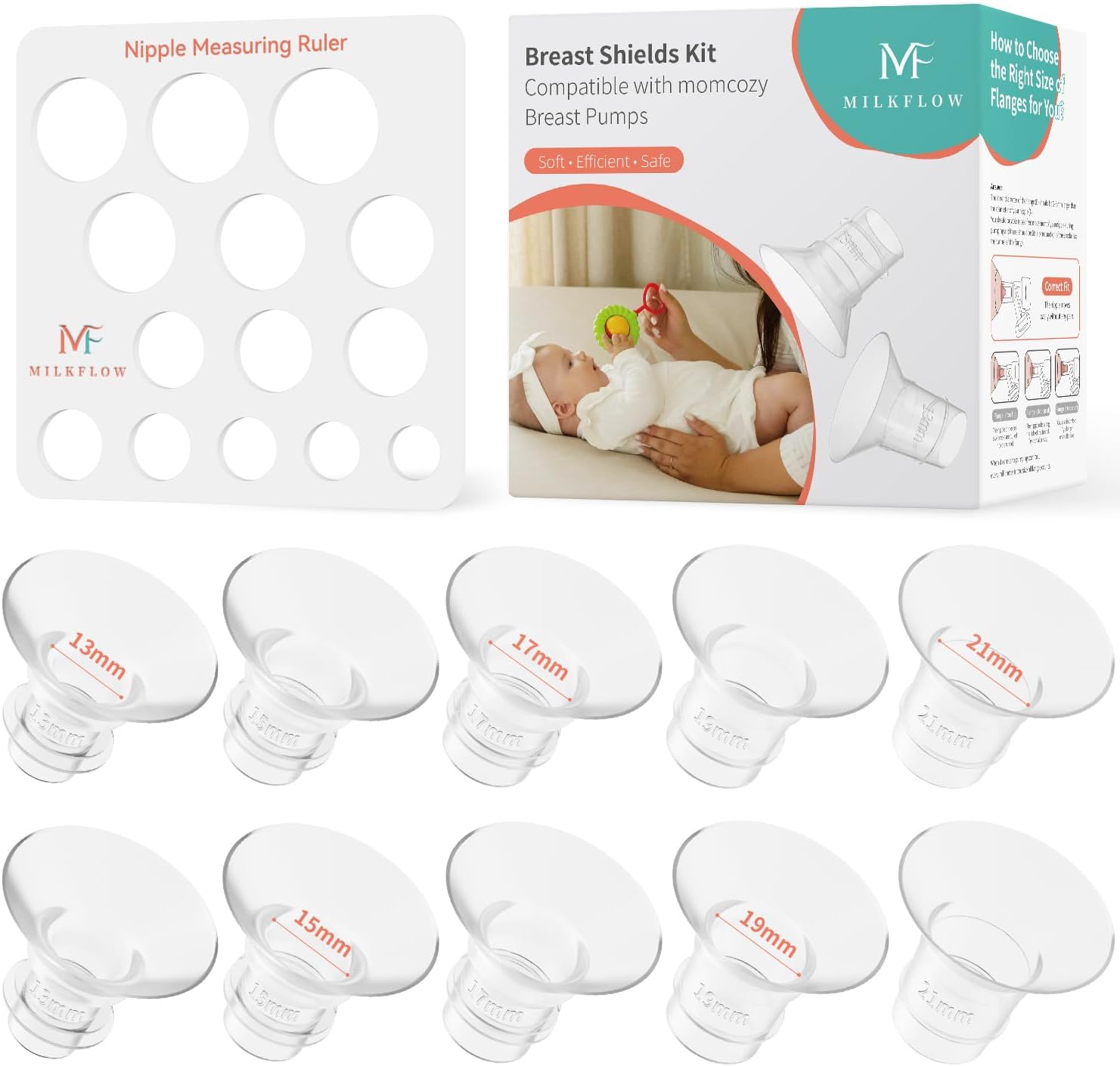 10uds Insertos de Brida 13/15/17/19/21mm con Regla de Medición de Pezón,Compatibles con Sacaleches 24mm Momcozy M5/S9 Pro/S12 Pro,Medela,KISSBOBO K5/K6,Sin BPA
