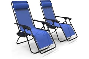 VOUNOT Zero Gravity Chair, Set of 2, Deck Folding Recliner Sun Loungers Outdoor Chair with Cup and Phone Holder, Blue