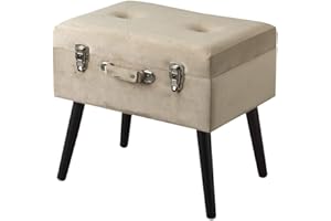 BARONI HOME Baroni Pouf Valigia Contenitore in Velluto, Puff Sgabello Portaoggetti, Pouff Poggiapiedi Salotto, Camera con Zampe in Legno, Colore Beige, 50x35x46