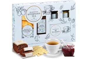 SOOLAR Traditional Afternoon Tea Hamper Gift Set - Set of Brandy Fruit Cake, Blackcurrant Jam Preserve, 40 Quality Tea and Highland Shortbread Fingers - Christmas Hamper Gift