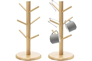 HOMURY 2 soportes para tazas de madera de bambú con 6 ganchos, portavasos de árbol, soporte para pretzel, soporte para árbol de tazas, organizador de accesorios, estante para mostrador de cocina, mesa