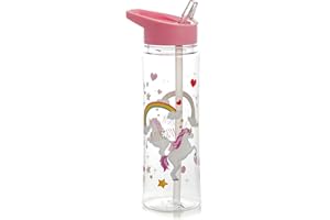 Puckator Enchanted Rainbows Unicorn - Kids Drinks Bottle With Flip Straw - Reusable Water Bottle For Girls And Boys With A Carry Handle - Bpa Free - For School Nursery - Cute Rainbow Design -Pp 550ml