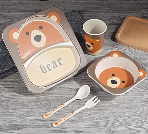 FJM Bamboo Fiber Creative Children Cutlery Eating Food Supplement Grid Plate Table Set Fork Spoon Spoons Set,B