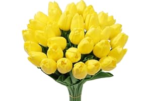 Tifuly 24 pezzi di tulipani artificiali in lattice, realistici bouquet di fiori finti di tulipani per la casa, matrimonio, festa, decorazione dell'ufficio, composizioni floreali (Giallo)