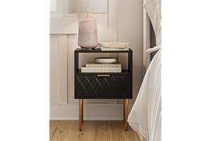 HEYZOEY Nachttisch, Nachtschrank mit 1 offenen Ablagen und 1 Schublade, Modern Nachtkästchen, Boho Nachtkommode für Schlafzimmer, Wohnzimmer, Schwarz und Gold