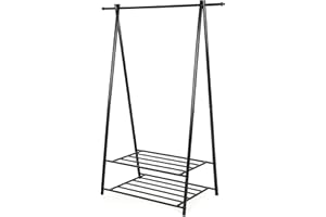 SONGMICS Portant à vêtements, Penderie à vêtements, Portemanteau avec 2 étagères de rangement pour chaussures, boîte, cadre métallique, gain de place, pour chambre, entrée, bureau, Noir HSR05B