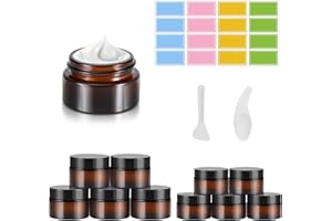 WILLIYATT Lot de 10 Pots vides en Verre ambré, Pots à crème, récipients en Verre Marron de 20 ml/30 ML, avec Autocollant, Distributeur de Pots de Voyage Rechargeables Marron pour Lotion, crème, cosmétiques