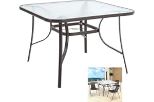 The Fellie Patio Table Outdoor Tempered Glass Top Dining Table Square Coffee Table with Umbrella Hole for Garden, Backyard, Balcony (105 x 105 x 72cm-Square Table, Brown)