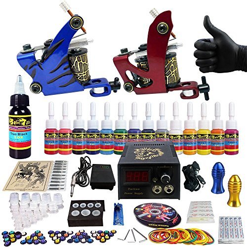 Solong Tattoo® Complete Tattoo Kit 2 Pro Machine Guns 14 Inks Power Supply Foot Pedal Needles Grips Tips TK210