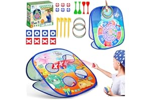 JIAJIAYI Dartscheibe Wurfspiel Gartenspiele für Kinder,5 in 1 Dinosaurier/Einhorn Wurfspiel Dartscheibe mit Dart,Sitzsack,Klettbälle,Ring Toss Dreiseitiges Zusammenklappbar Spielzeug Bean Bag Toss Set