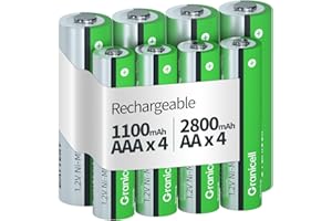Granicell 8 x AA AAA Rechargeable Batteries, 4 x AA 2800mAh High-Capacity and 4 x AAA 1100mAh High-Capacity, 1.2V Ni-MH Battery, Rechargeable Up to 1300 Times