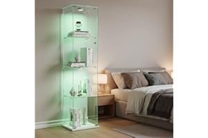 TIMORWTF Vitrina de cristal con luces LED, vitrina moderna EE con 4 estantes y puerta, vitrina de pared para colección, dormitorio, salón y comedor, 163 x 40 x 35 cm, color blanco