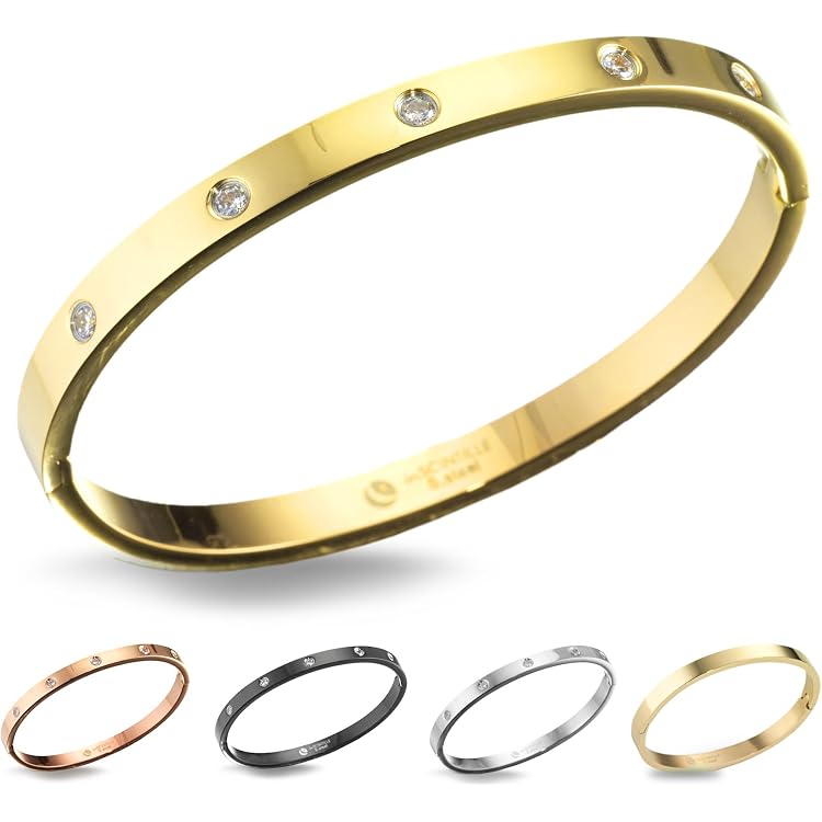Bracelet Jonc Ovale Femme Acier Inoxydable Plaqué Or - Zircon Cubique étoilé, Neuf