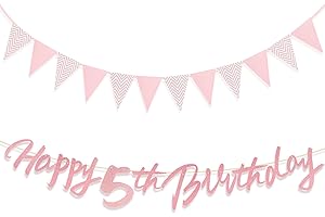 Zi Lan 5th Birthday Party Decorations Glitter Rose Gold Birthday Banner and Triangle Flag Banner for Girls Baby Showers Decorations Supplies