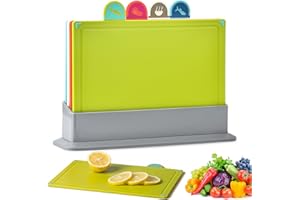 GEMMAHW Chopping Board Set of 4, (UK Company) Versatile Chopping Boards for Kitchens, Thicken Cutting Board Set with Food Icons, Storage Rack and Drip Juice Groove