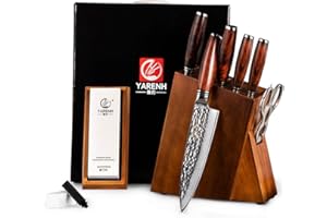 Yarenh Juego Cuchillos Cocina Profesional 8 Piezas - Cuchillo de Cocina Hecho de Acero Damasco Japones - Incluye Tijeras - Bloque de Madera - Set Cuchillo de Chef Ultra Filoso - HTT-Serie
