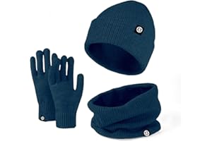 Enwokran 3 Stück Wintermütze Mütze Handschuhe Schal Set Thermo Strickmütze Elastischer Weiches Fleece Gebürstetes Innenfutter Schal Touchscreen Handschuhe Set für Kaltes Wetter