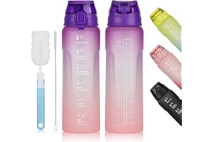 HXC Sportowa butelka na wodę 1 l, ze znacznikami czasu, butelka sportowa 1 l, z pokrywką i szczelna, nie zawiera BPA, na siłownię, kemping