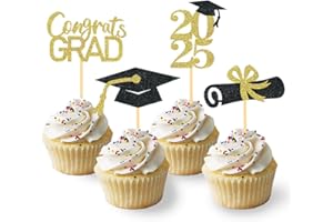 MOITKPTT 24 Stück Glitzer 2026 Graduation Cupcake Toppers, Abschlussfeier Cupcake toppers, Bachelor Hut Deko, Abschluss Deko für Graduation Abschlussparty Dekoration (schwarz & gold)